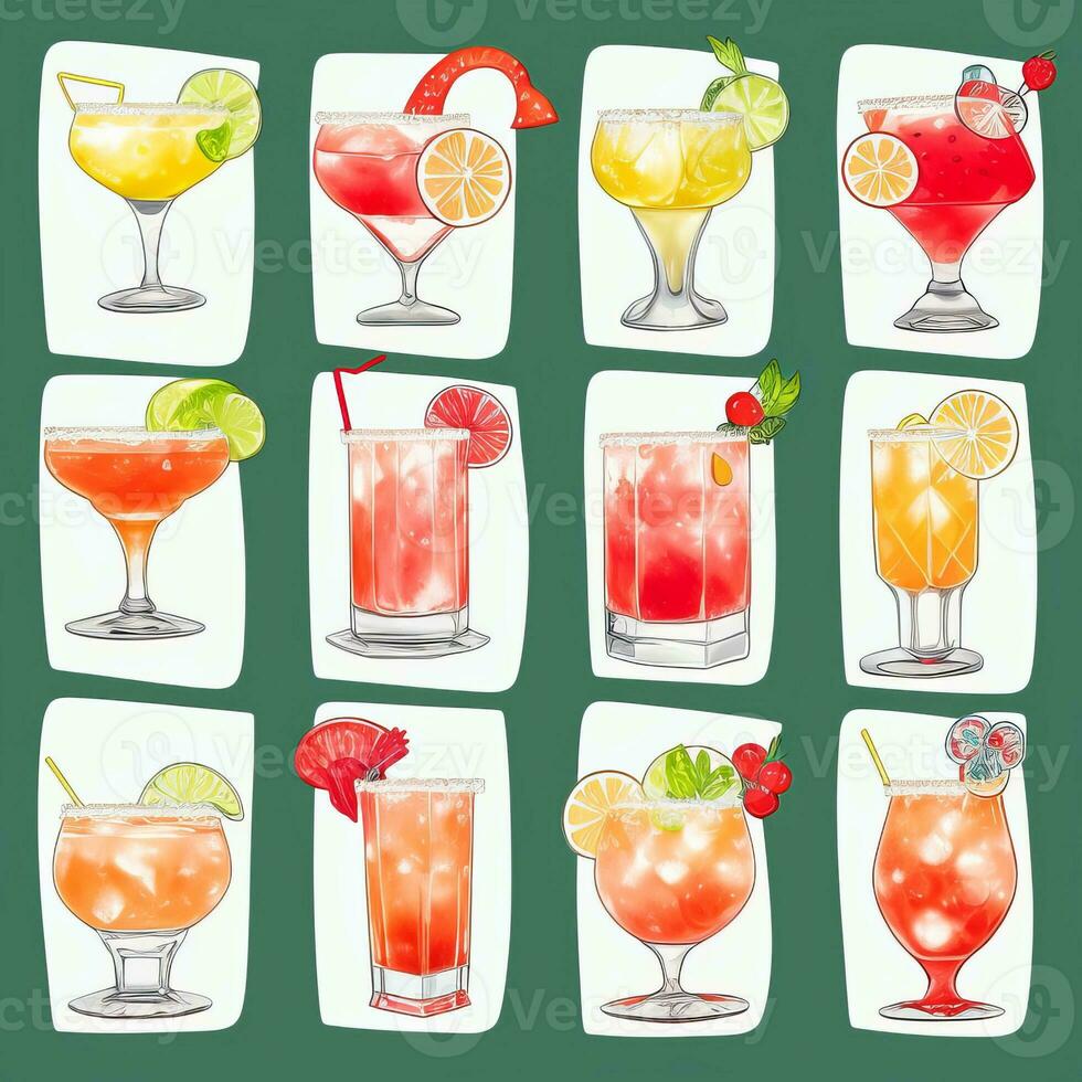 AI generated Cocktail Mocktail Drinks Collection Illustration Water Color Simple Background photo