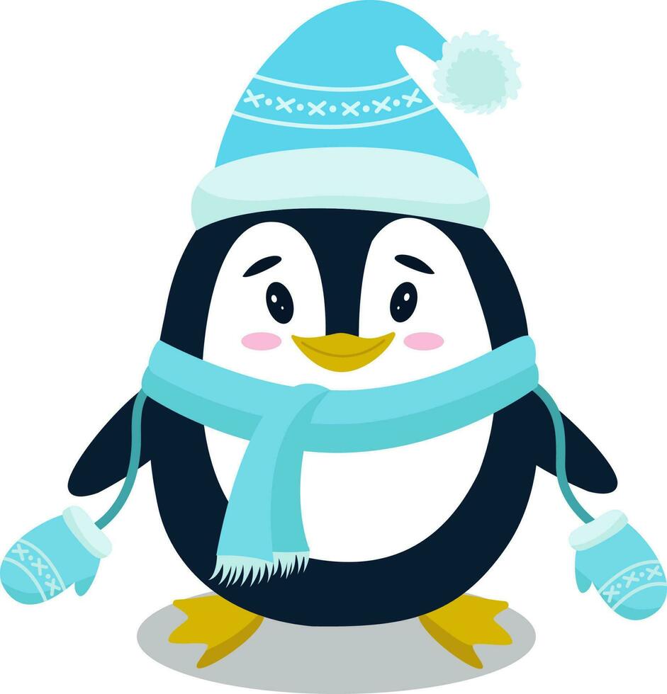 Vector illustration of a penguin in a hat and mittens. Illustration for Christmas and New Year. A New Year's penguin for Christmas, a mascot. Festive illustration