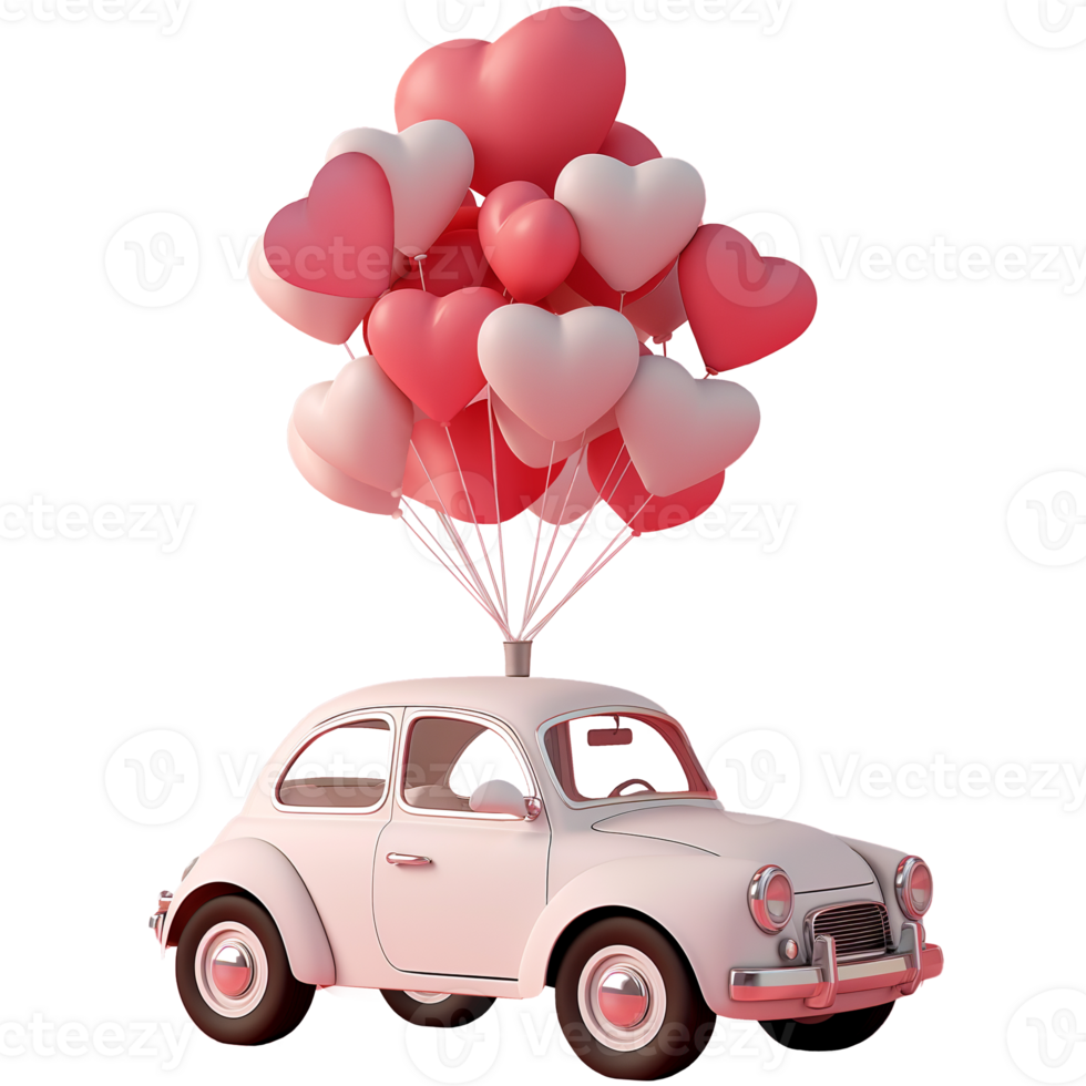 AI generated Vintage car with love balloon on top, 3d design. Suitable for wedding and valentine png