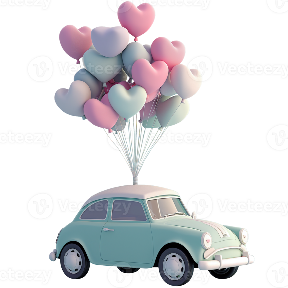 AI generated Vintage car with love balloon on top, 3d design. Suitable for wedding and valentine png