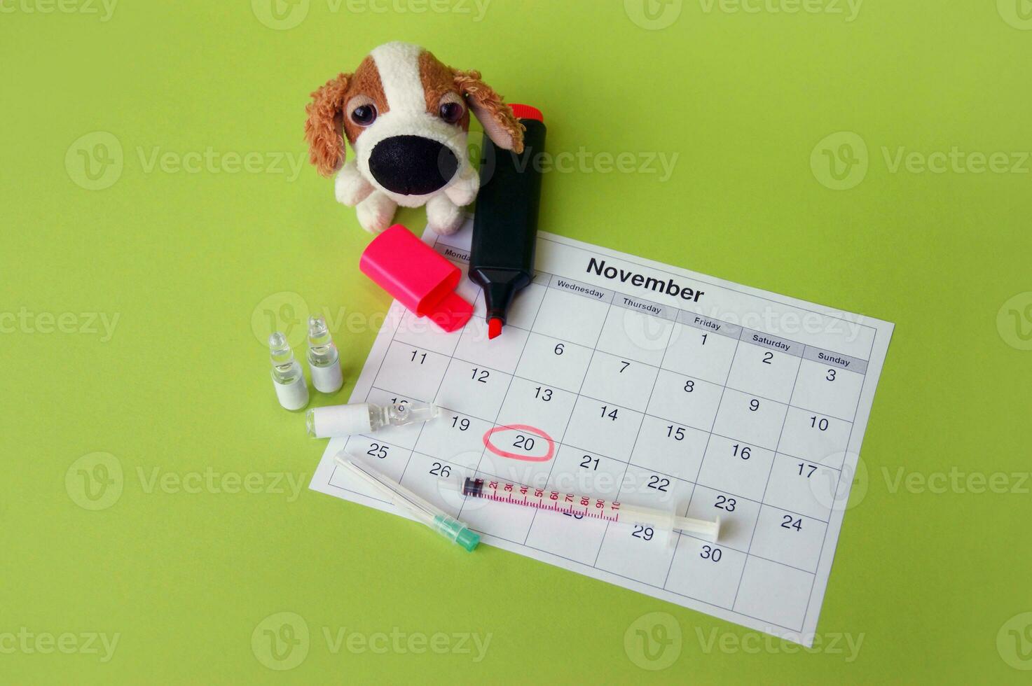 A syringe with ampoules, a soft toy a dog and a calendar with a marked date on light green background. photo