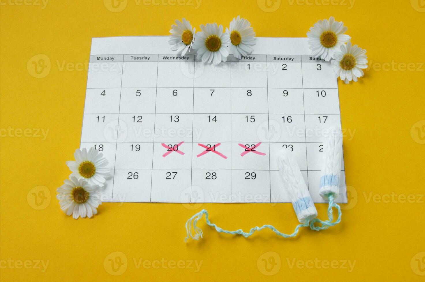 Menstrual tampons on menstruation period calendar with chamomiles on yellow background. photo
