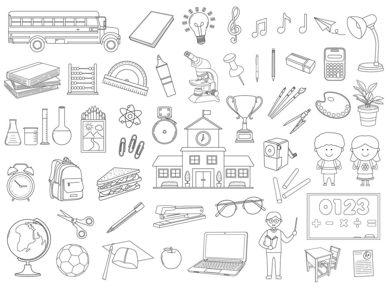 Hand drawn Stock Illustration of school icons presented in a flat style showcasing colorful elements related to education, including books, school bus,globe,microscope,school bag vector isolated set