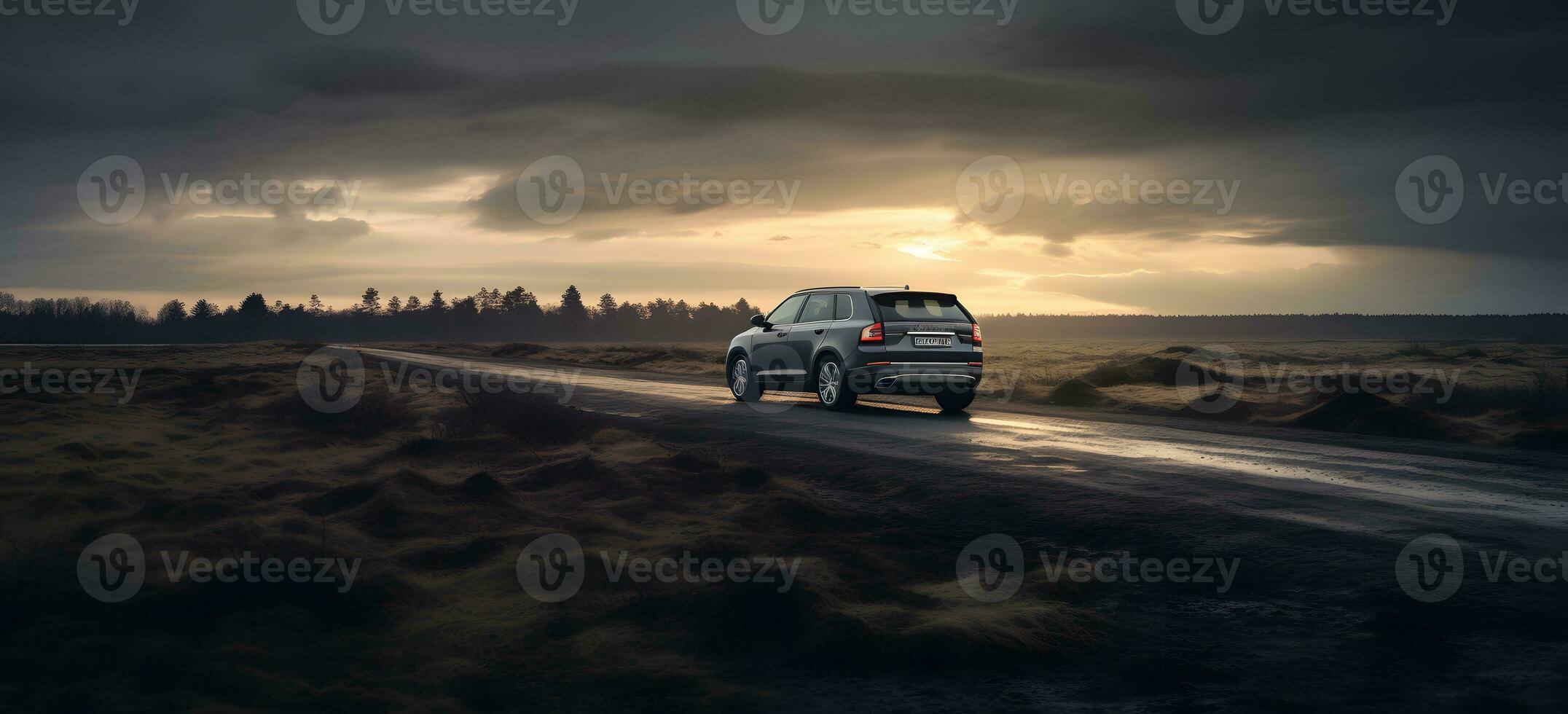 AI generated a car driving on a dirt road at sunset photo