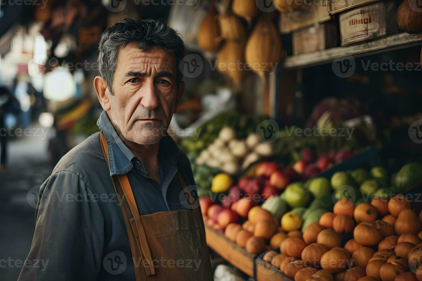 ai generado retrato de un mayor hombre de venta frutas a mercado foto