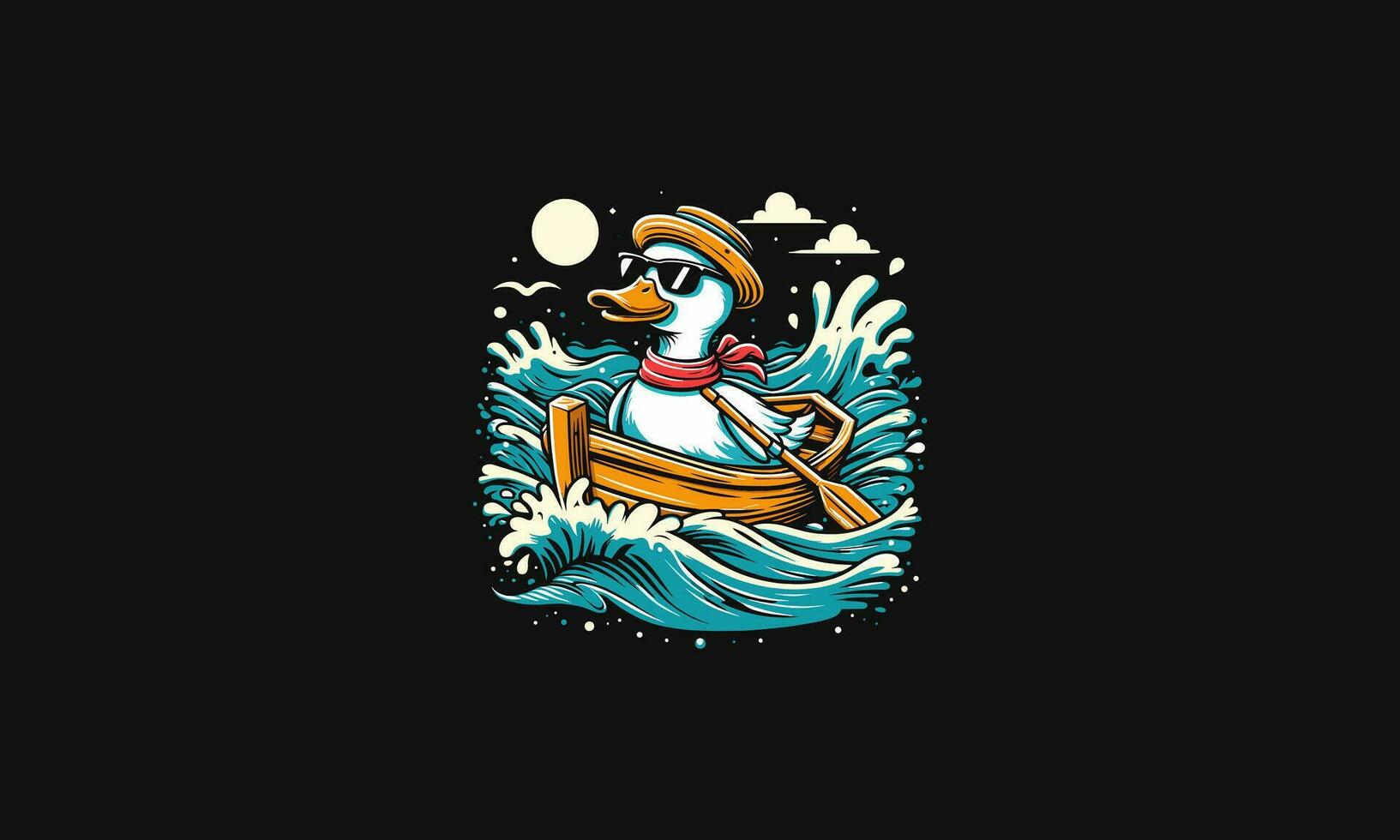 duck wearing hat riding boat on sea vector artwork design