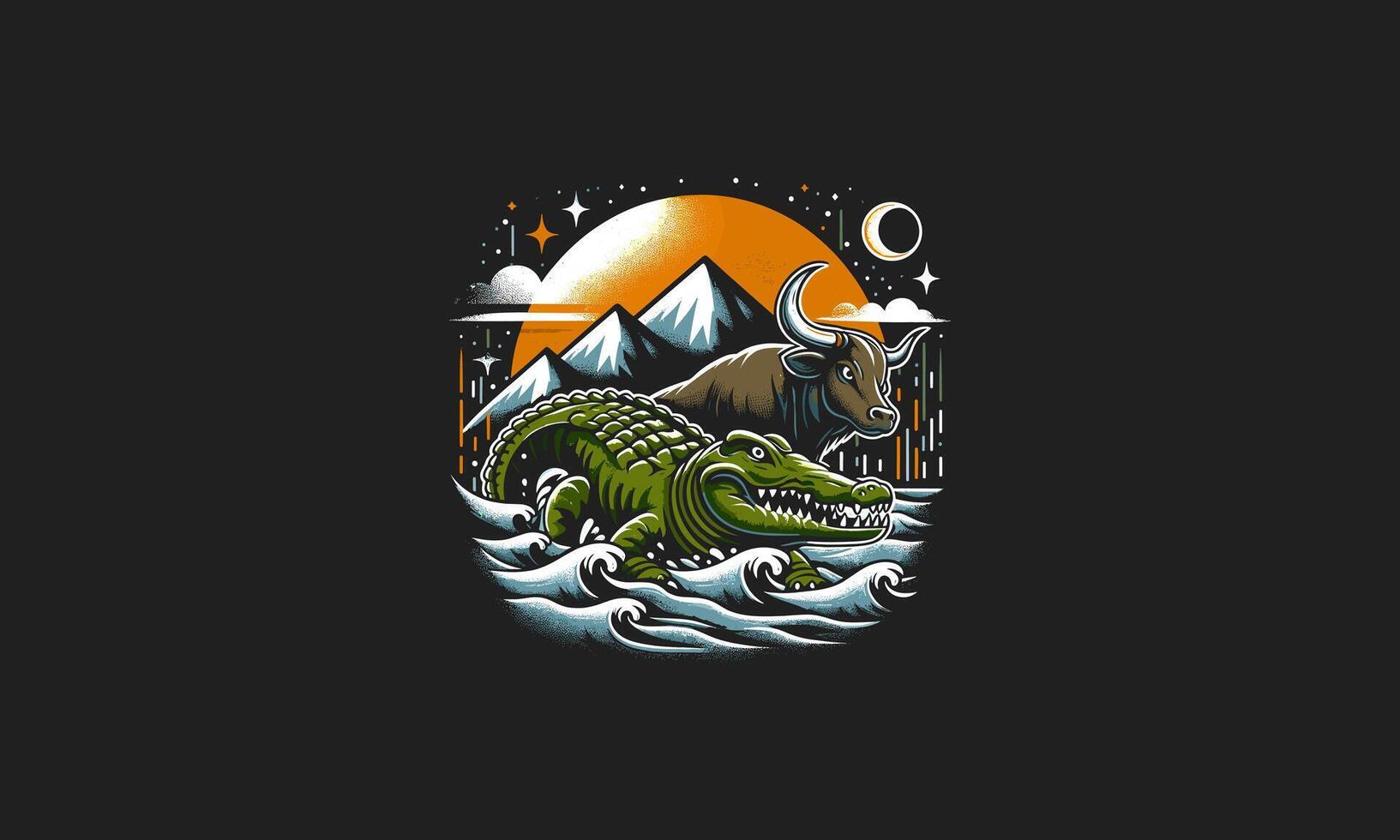 bull and crocodile on mountain vector artwork design