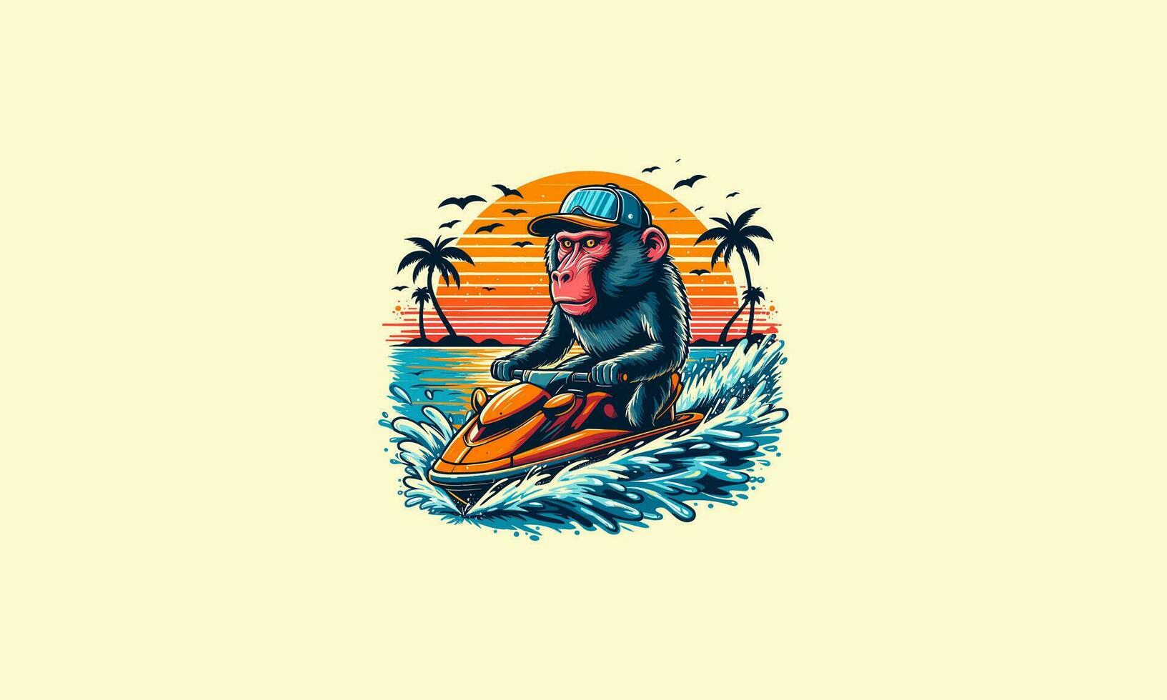 monkey playing jet ski on beach vector artwork design