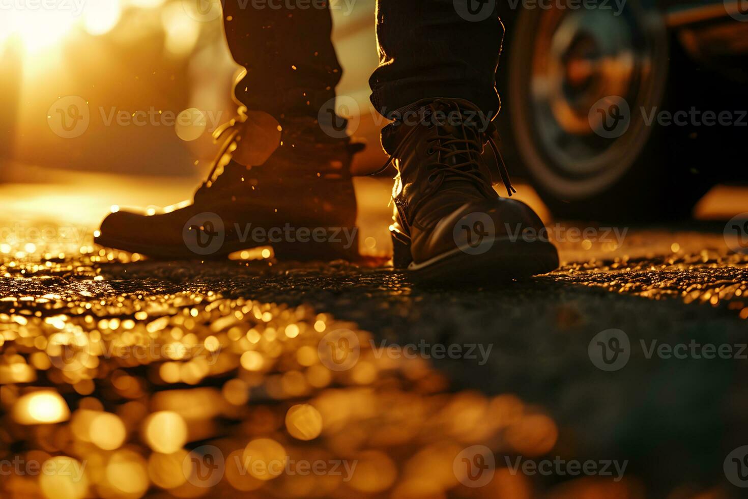 AI generated Close up of man legs in sneakers walking on the road at sunset photo