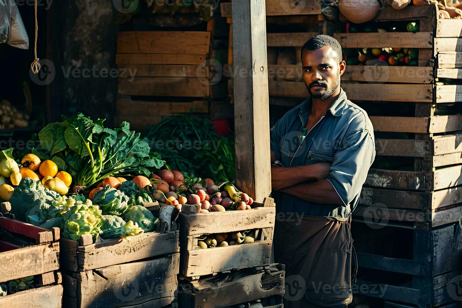 AI generated Portrait of a bearded African American man selling vegetables at market photo