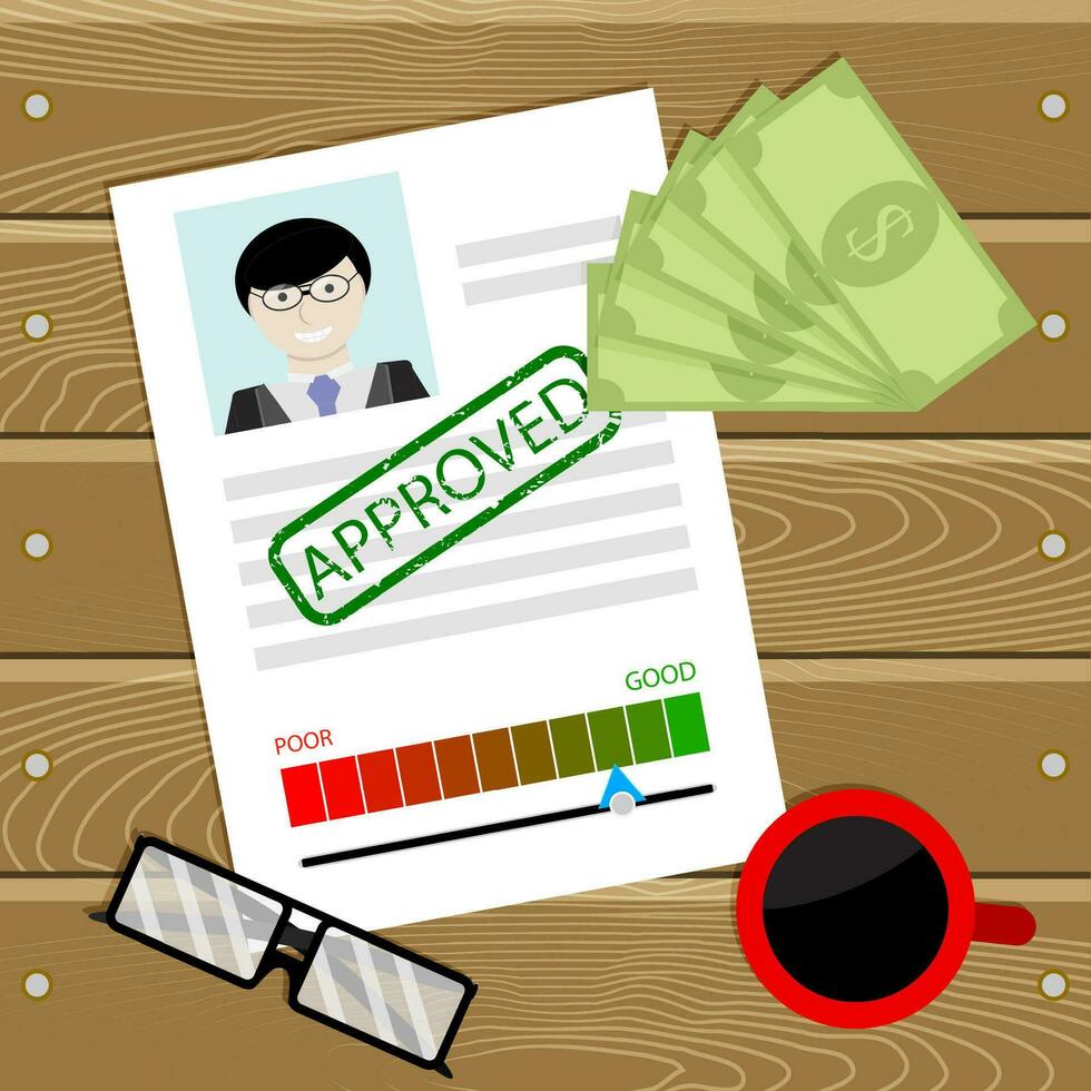 Aprproved cash credit. Good credit history, paying cash successful, applicant with approve document illustration vector