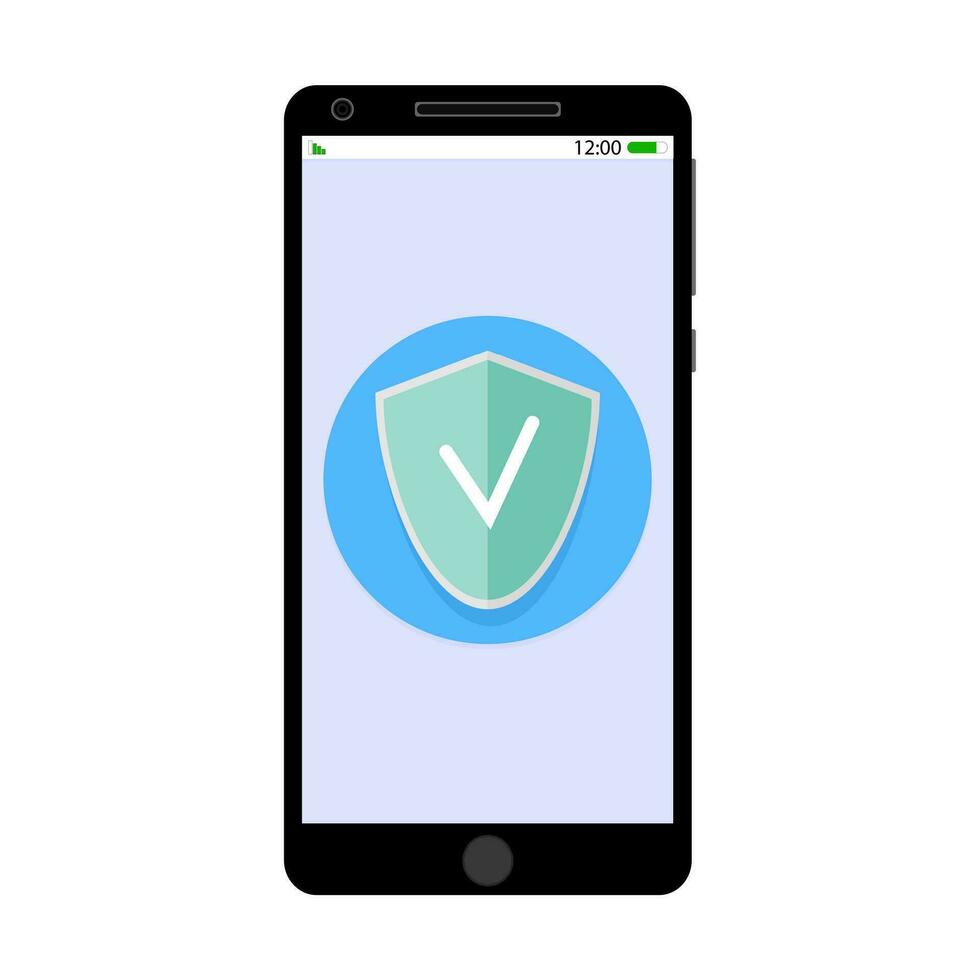 Antivirus mobile smartphone. Vector safety phone, security mobile smartphone, shield and protection illustration