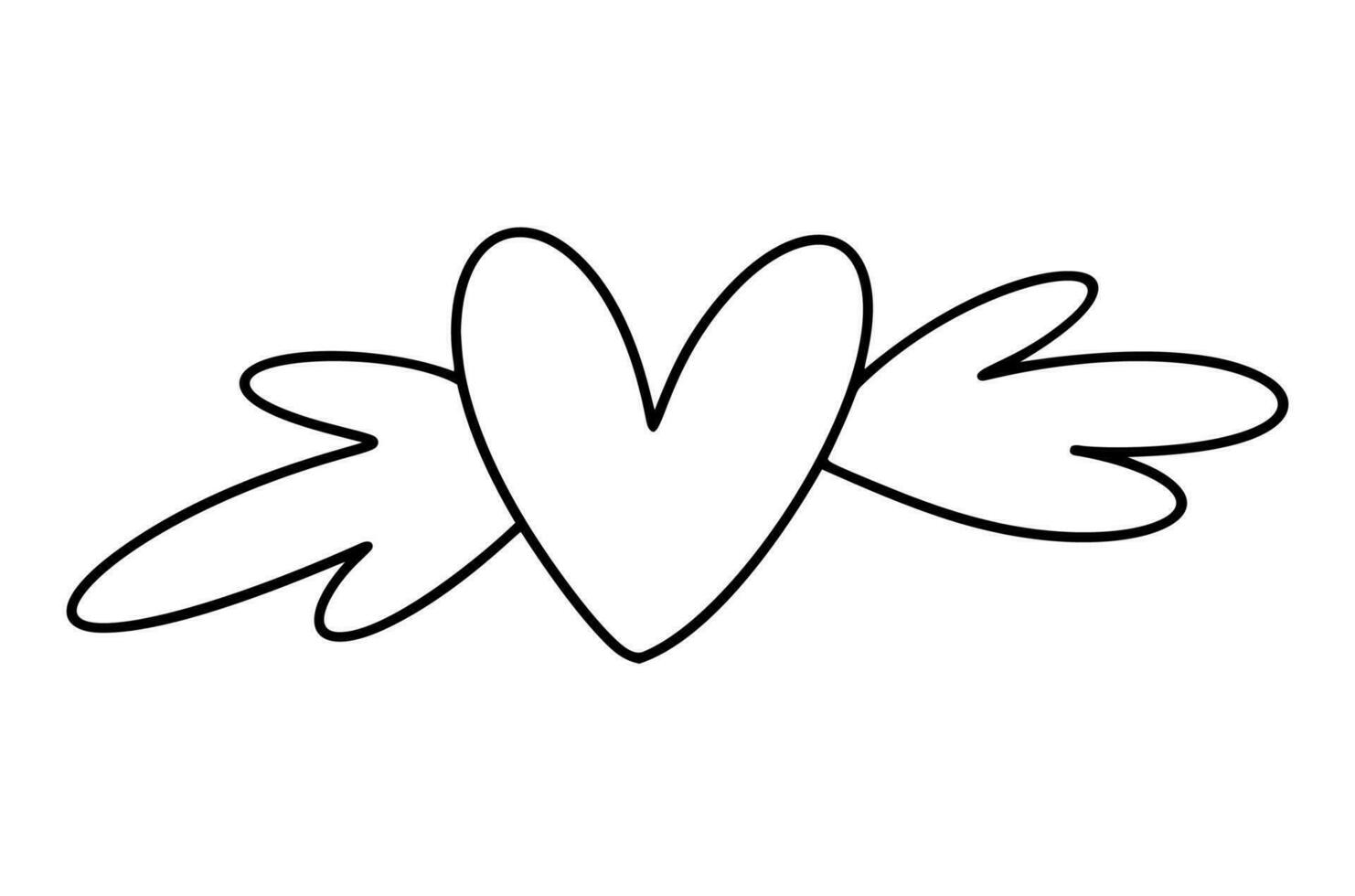 Hand drawn love heart with wings vector logo line illustration. Black outline. Element Monoline for Valentine Day banner, poster, greeting card