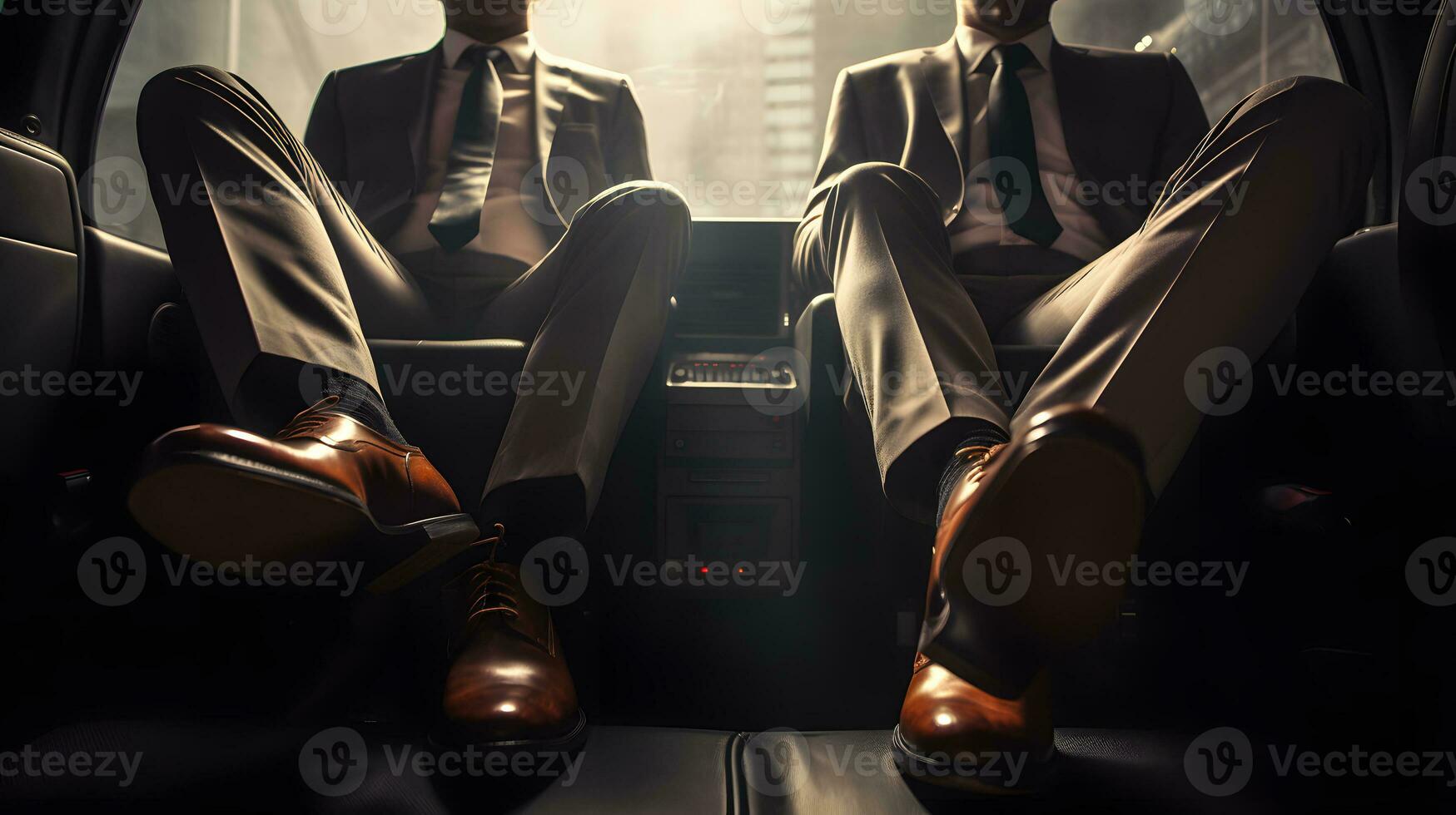 AI generated Businessman sitting in the back seat of a car with legs crossed photo