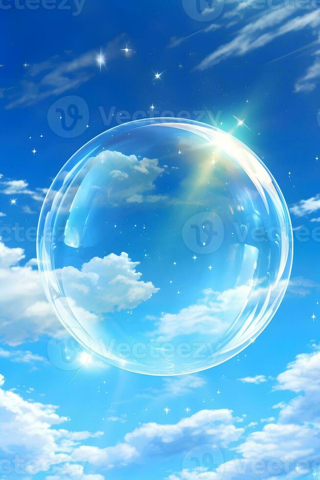 AI generated soap bubble on the background of the blue sky with white clouds photo