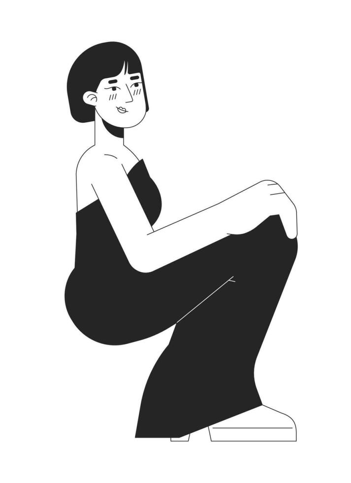 Prom formal dress asian woman black and white 2D line cartoon character. Shy sitting korean adult female isolated vector outline person. High school party monochromatic flat spot illustration