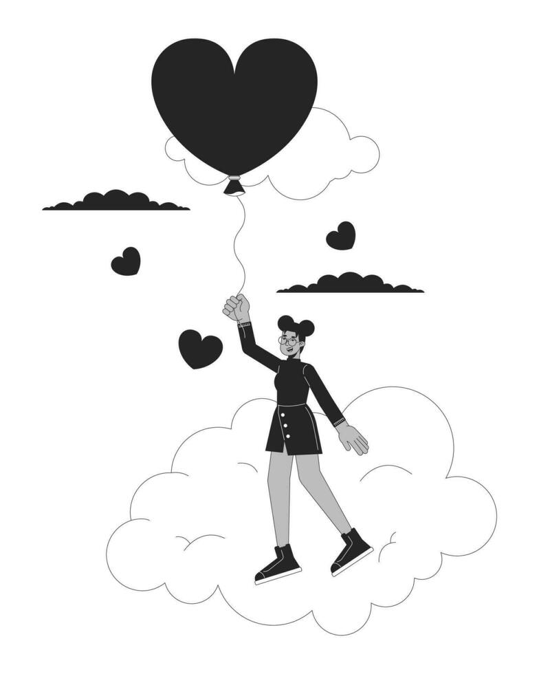 negro niña volador con globo encima nubes negro y blanco 2d línea dibujos animados personaje. nublado corazón conformado globo africano americano aislado vector contorno persona. monocromo plano Mancha ilustración