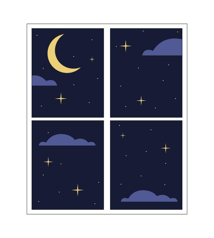 Window night 2D linear cartoon object. Nighttime moon window frame isolated line vector element white background. Looking outside. House interior view evening color flat spot illustration