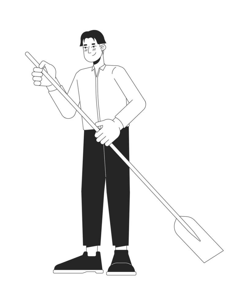 Formal wear korean man holding paddle black and white 2D line cartoon character. Asian young male isolated vector outline person. Water activity paddleboarding monochromatic flat spot illustration