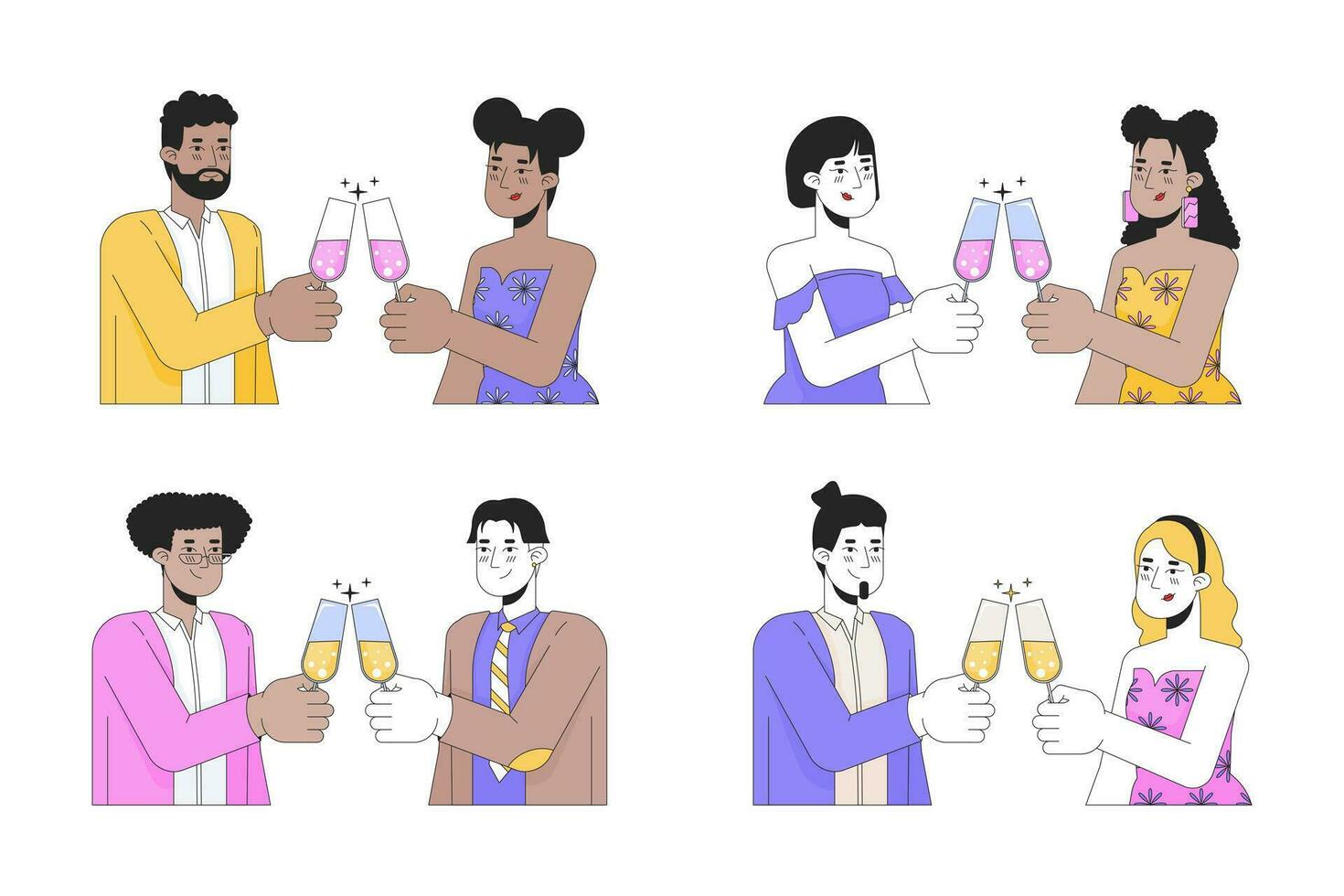 Diverse couples champagne clinking 2D linear cartoon characters set. Wineglasses toasting isolated line vector people white background. Happy valentines day color flat spot illustrations collection
