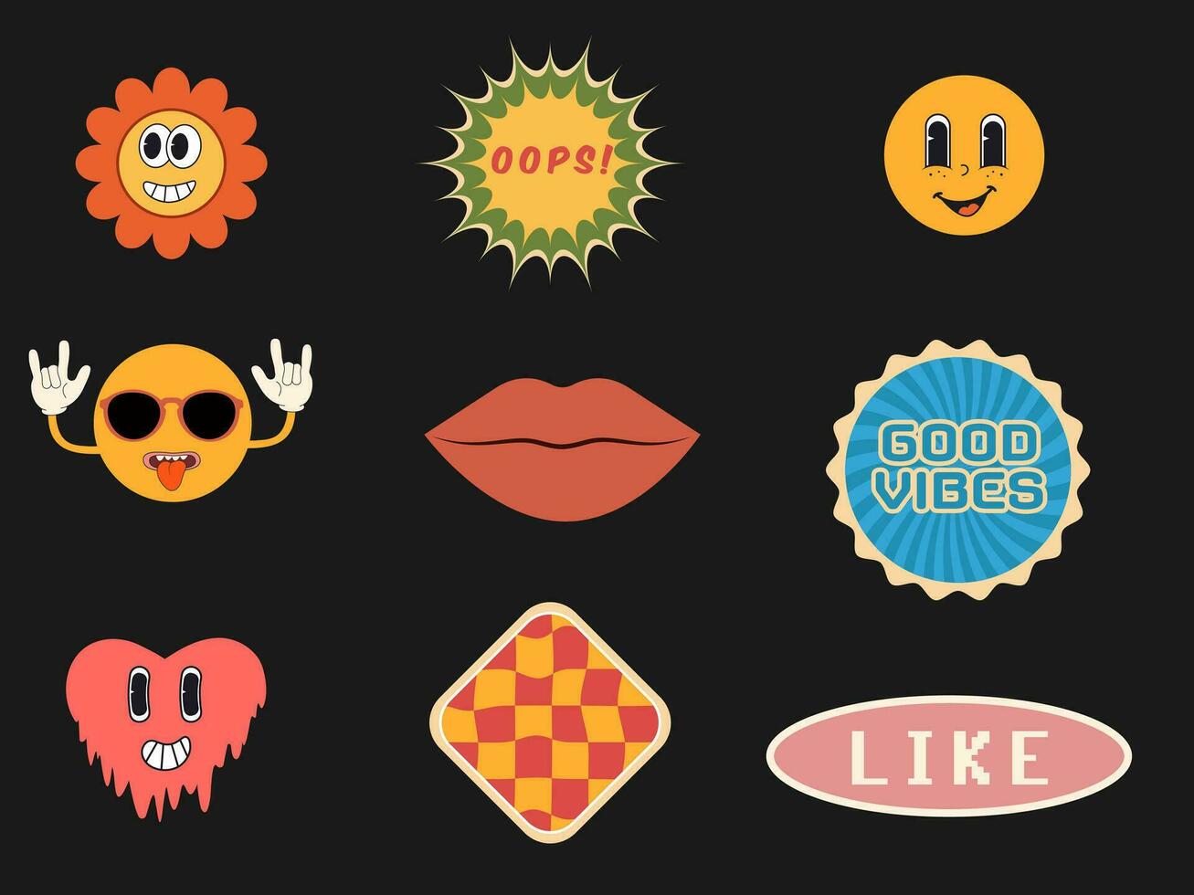 Retro comic vintage 90s, 2000s  style stickers pack. Funny trendy y2k characters set vector