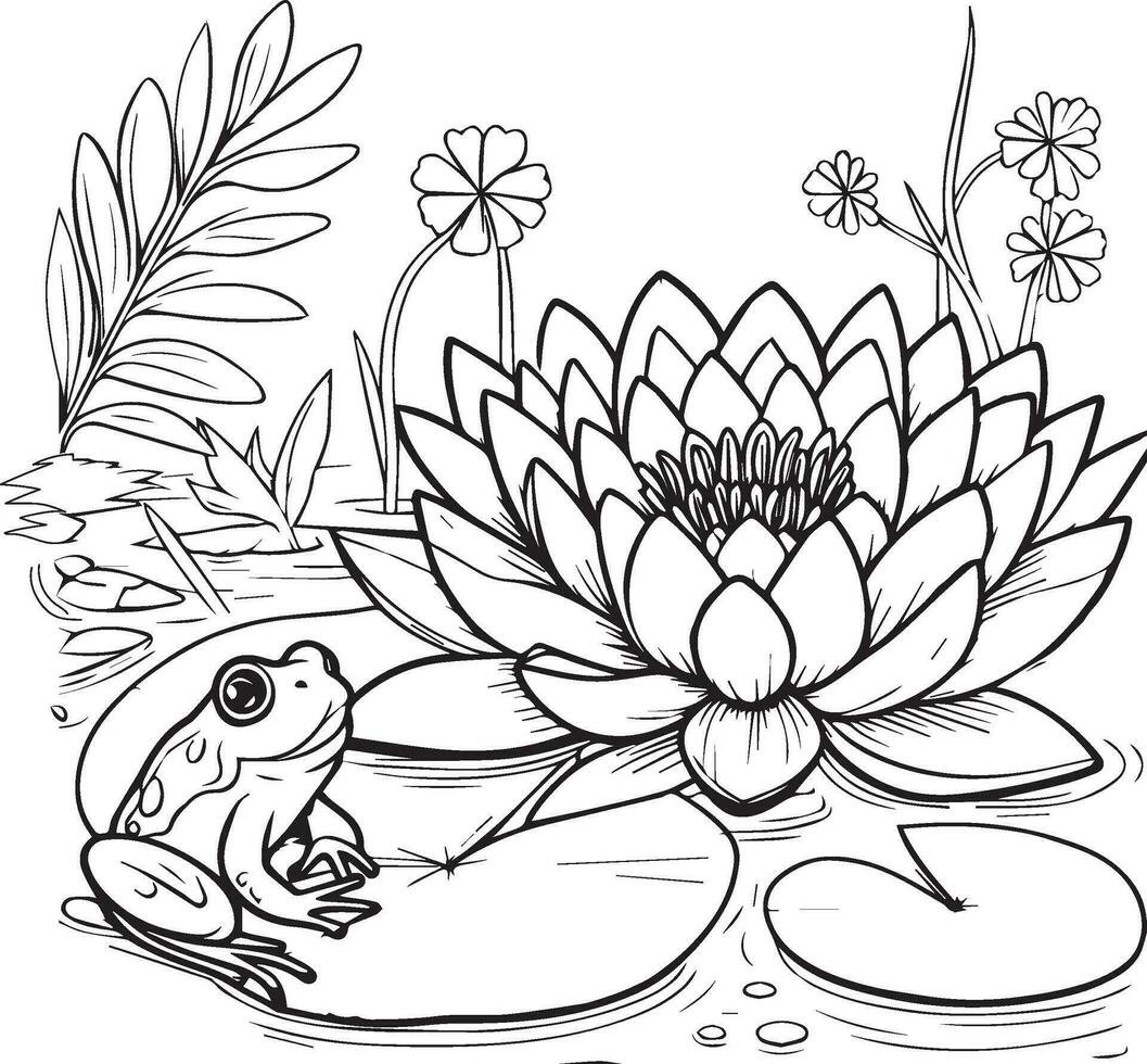 Flower coloring page and books, monochrome vector sketch, waterlily sketch, waterlily vector, floral background with pansy natural leaf collection, illustration pencil art flower, waterlily drawings