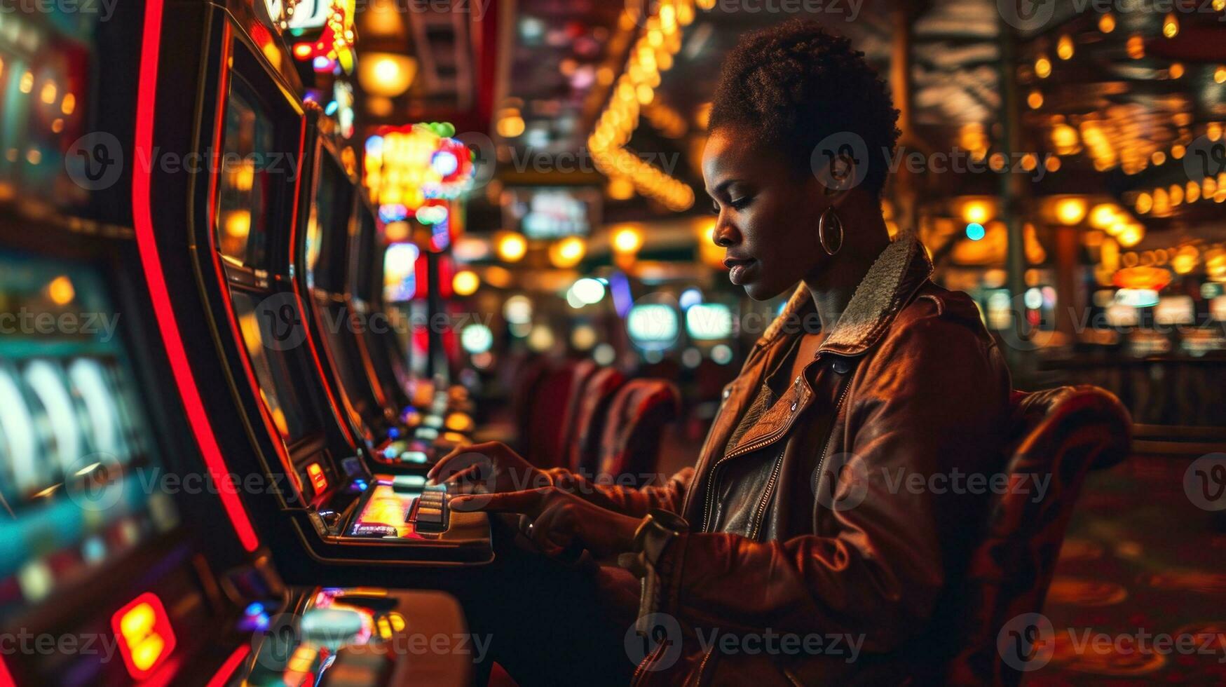 AI generated Young african american woman playing slot machine in casino. photo