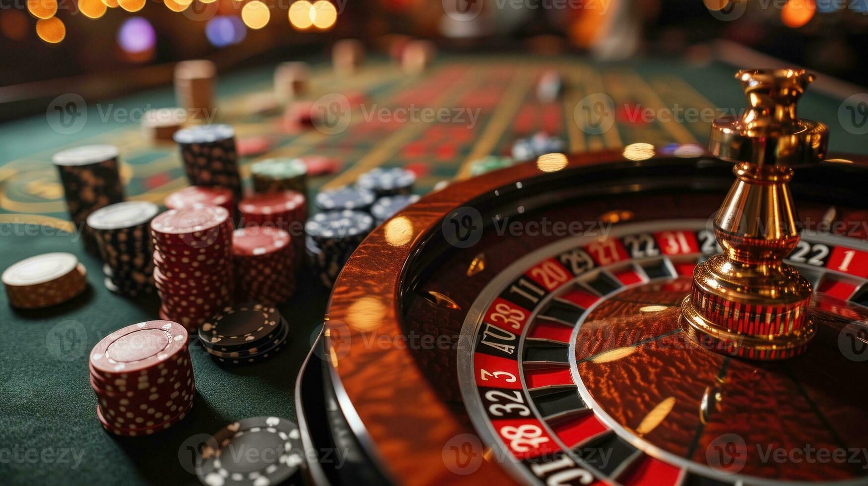 AI generated Casino roulette table with chips and cards. Gambling concept photo