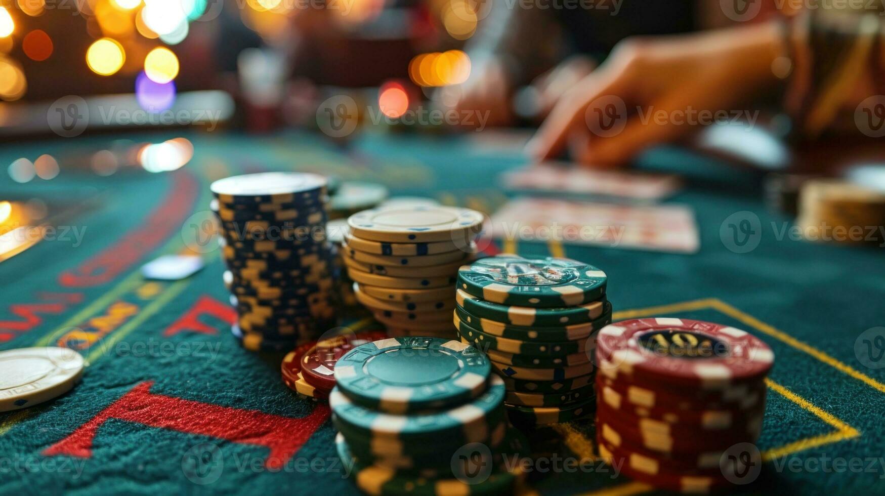 ai generado póker papas fritas y tarjetas en el mesa en el casino. de cerca foto