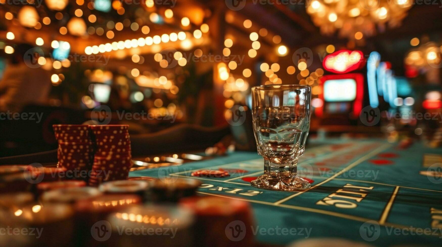 AI generated Casino roulette table with chips and glasses. photo