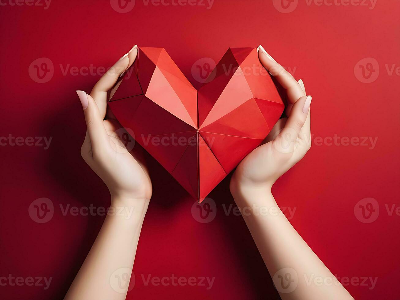 AI generated 3D Polygonal Red Heart Held by Female Hands Valentine's Day Concept photo