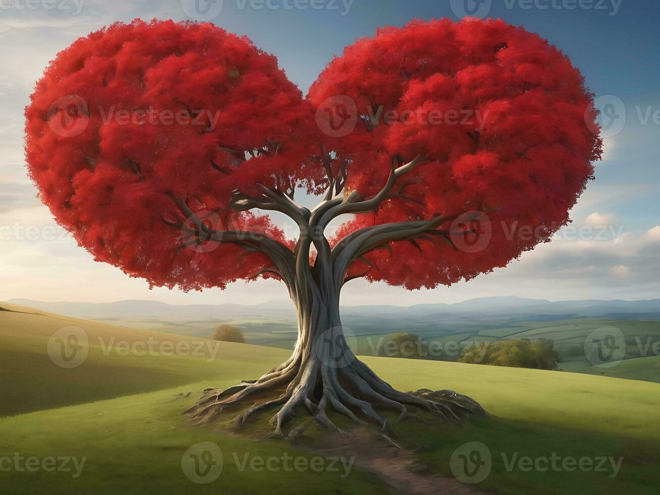 AI generated Red heart shaped tree 3d Red love valentines day photo