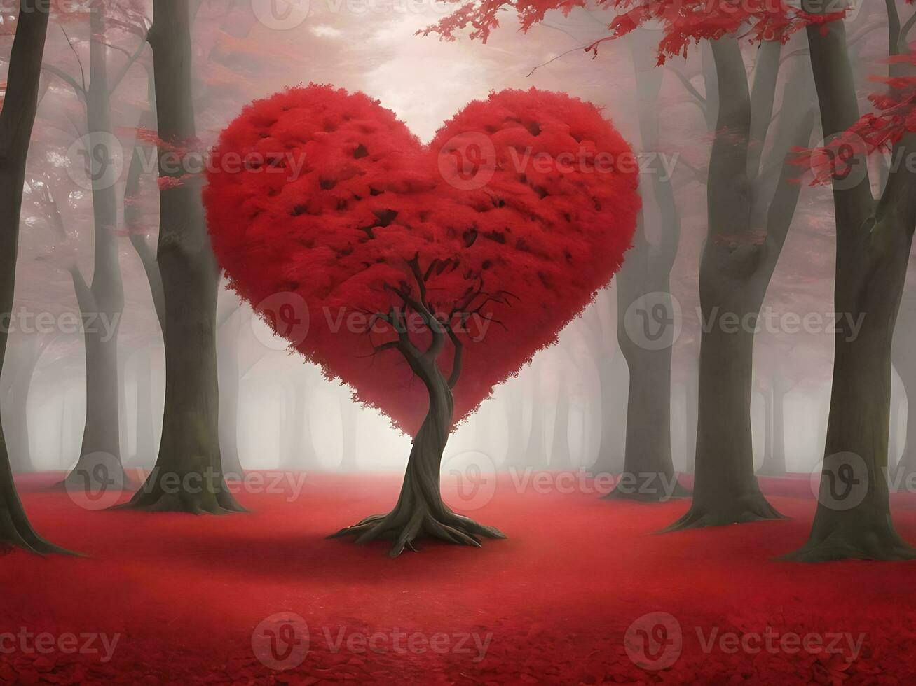 AI generated Red heart shaped tree 3d Red love valentines day photo