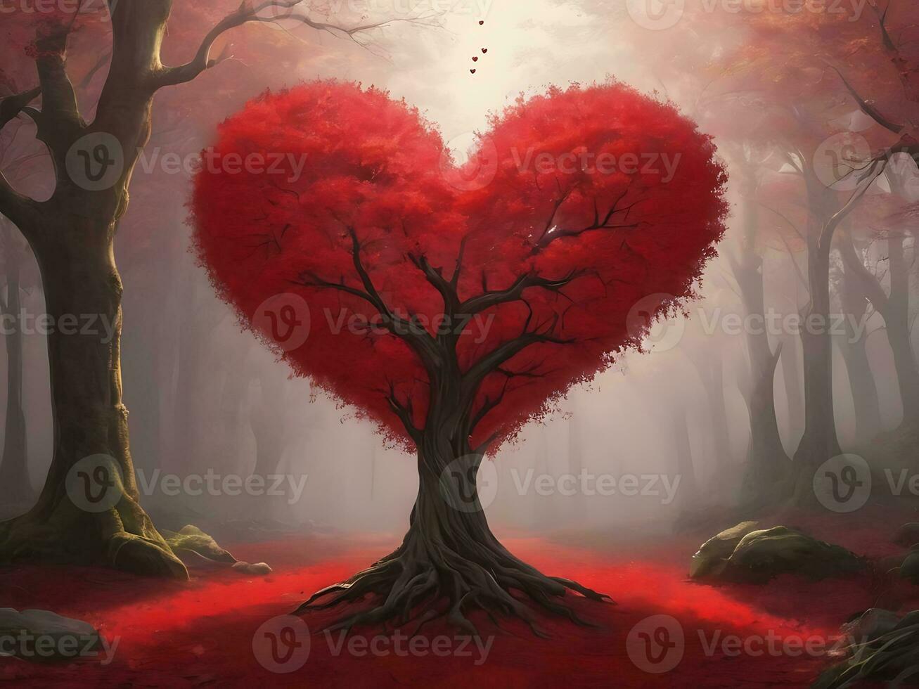 AI generated Red heart shaped tree 3d Red love valentines day photo