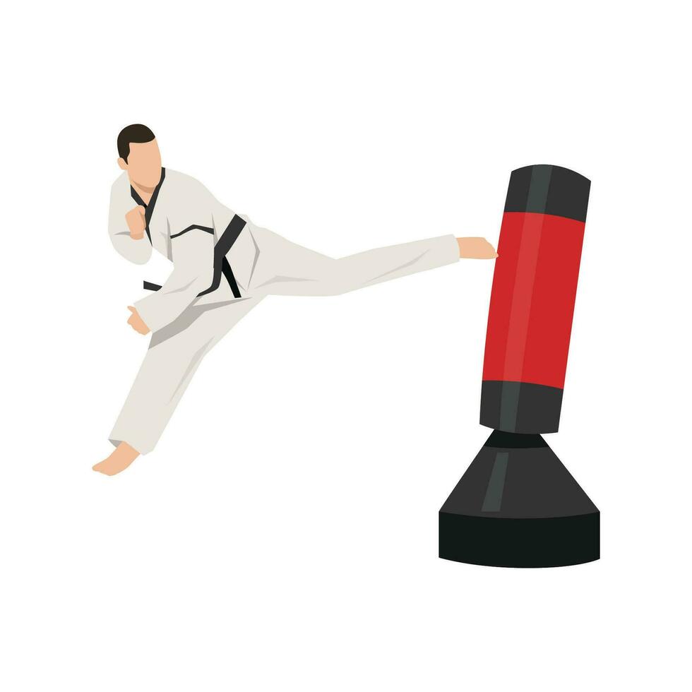 Young man doing back kick to the punching bag taekwondo martial art. vector