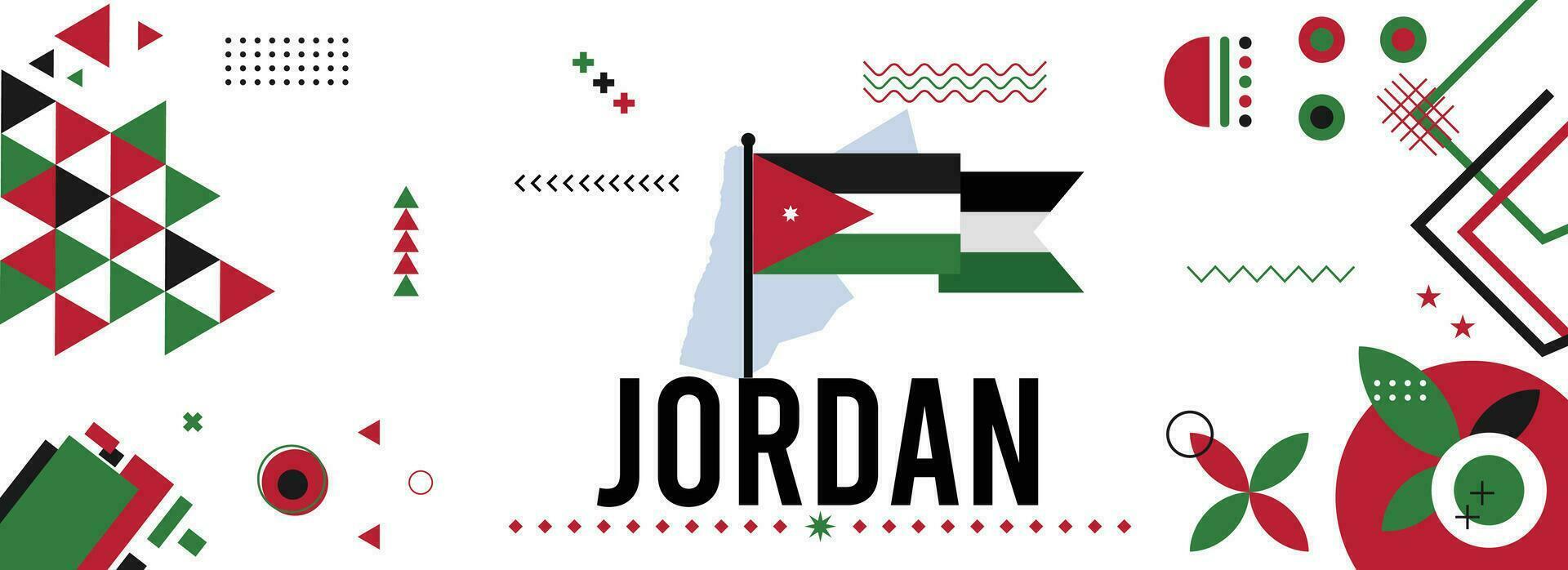 Jordan national or independence day banner for country celebration. Flag and map of Jordan modern retro design with typorgaphy abstract geometric icons. Vector illustration.