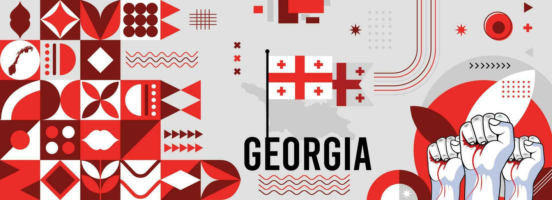 Georgia national or independence day banner for country celebration. Flag and map of Georgia with raised fists. Modern retro design with typorgaphy abstract geometric icons. Vector illustration