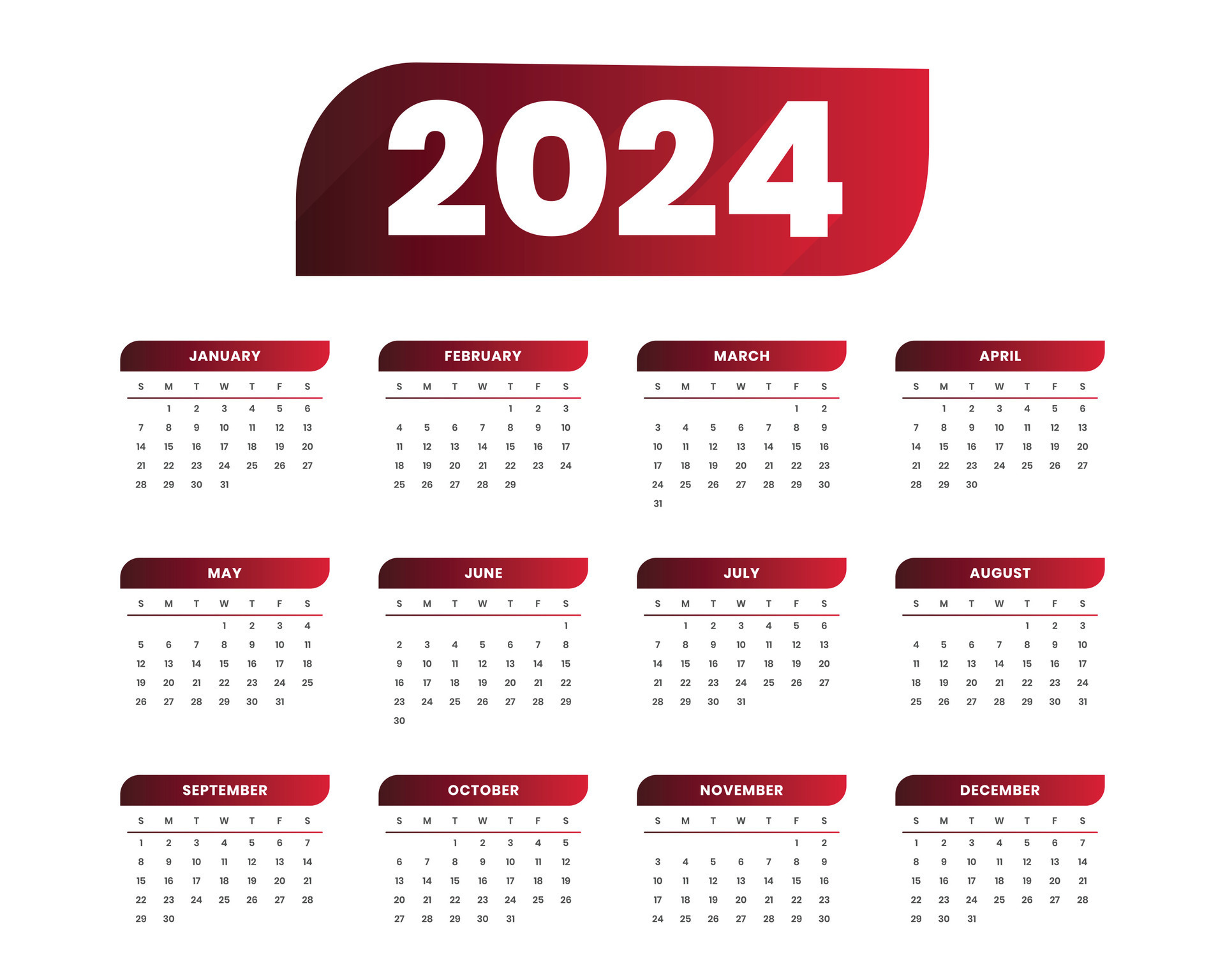 2024 new year calendar template with weeks and days design 36039329