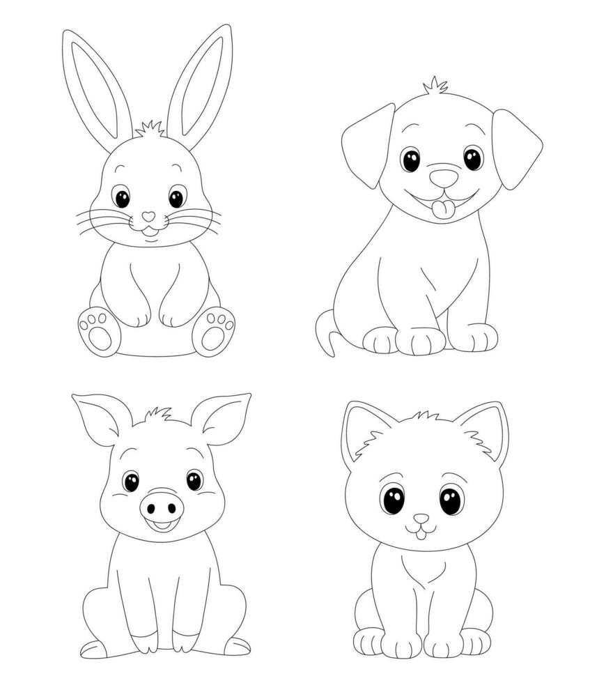 Set of adorable cartoon pet for coloring page. Hand drawn vector contoured black and white illustration.