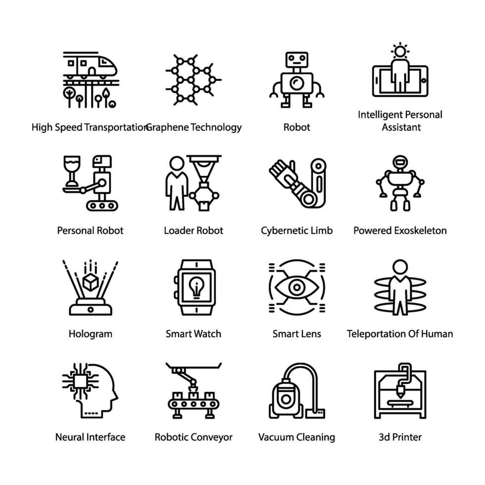 Artificial Intelligence and Robotics Line Vector Icons Set