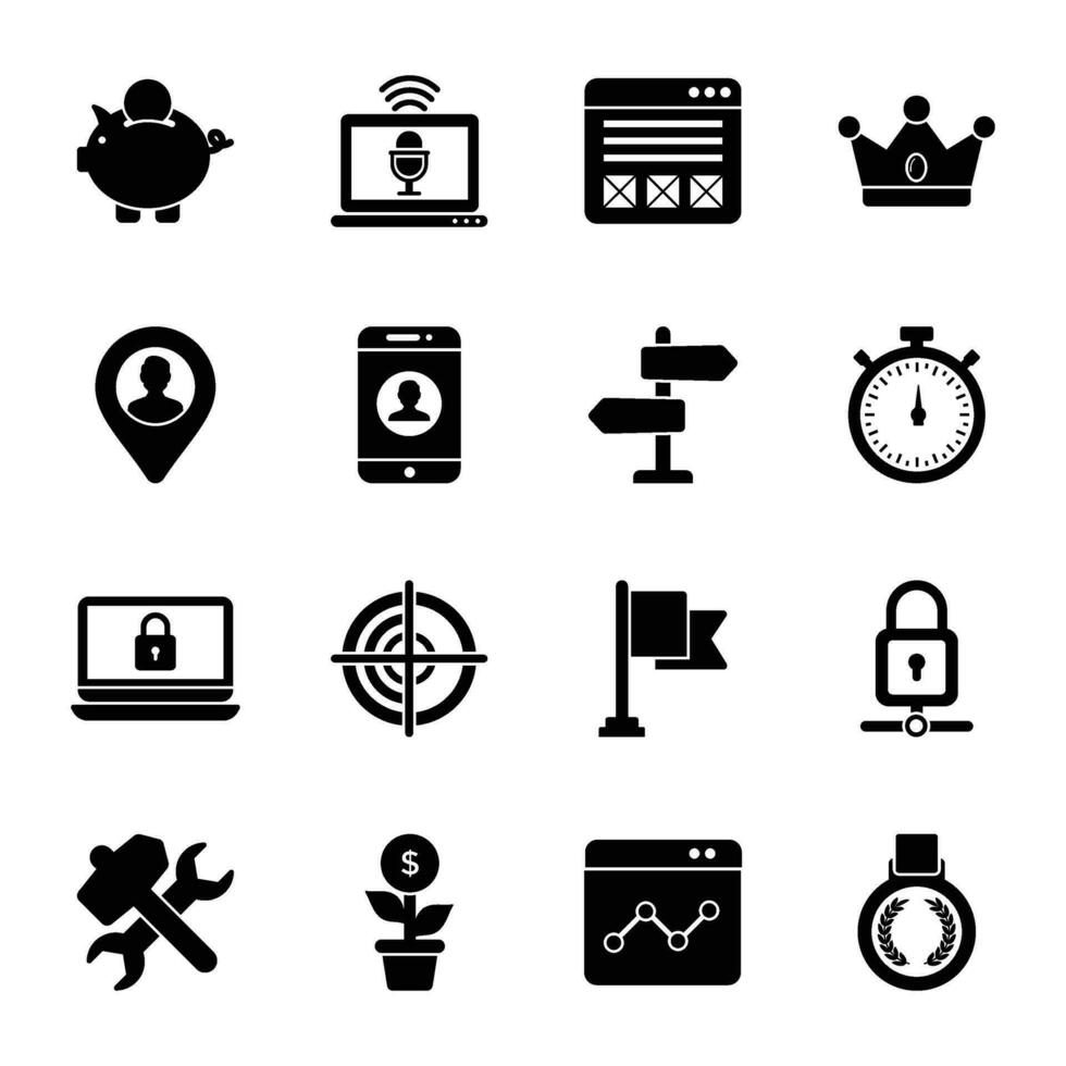 Finanzas márketing sólido icono conjunto vector