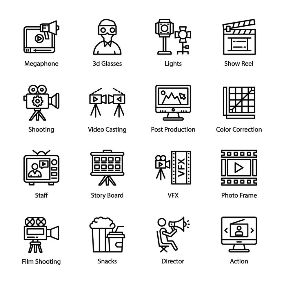 paquete de película producción y cinematografía íconos vector