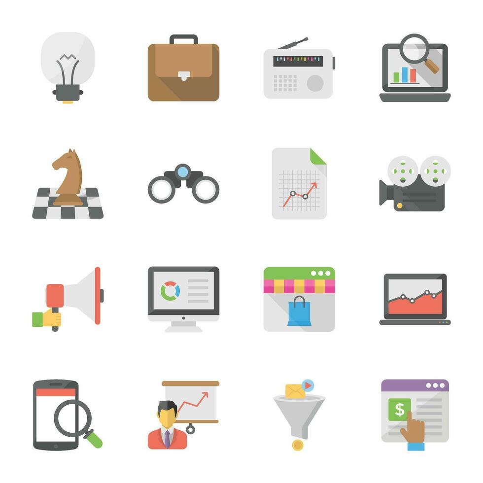 negocio márketing plano icono conjunto vector