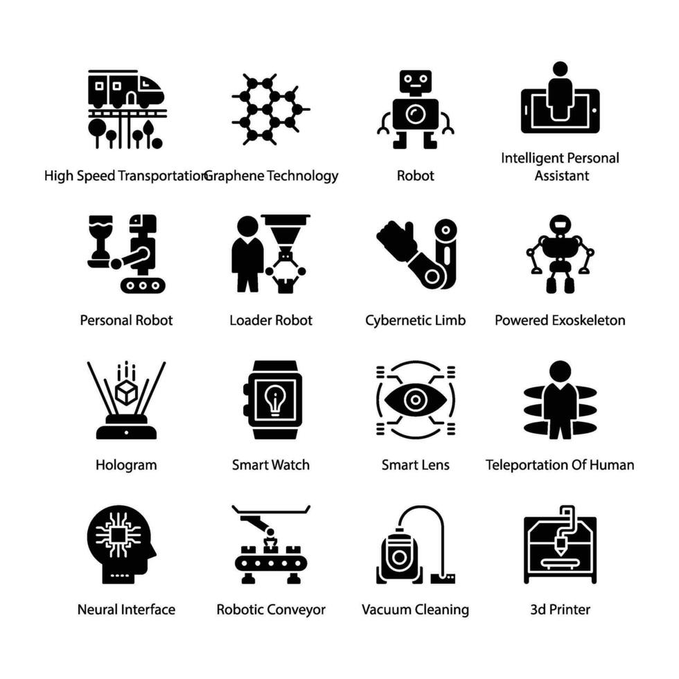 Artificial Intelligence and Robotics Glyph Vector Icons Set