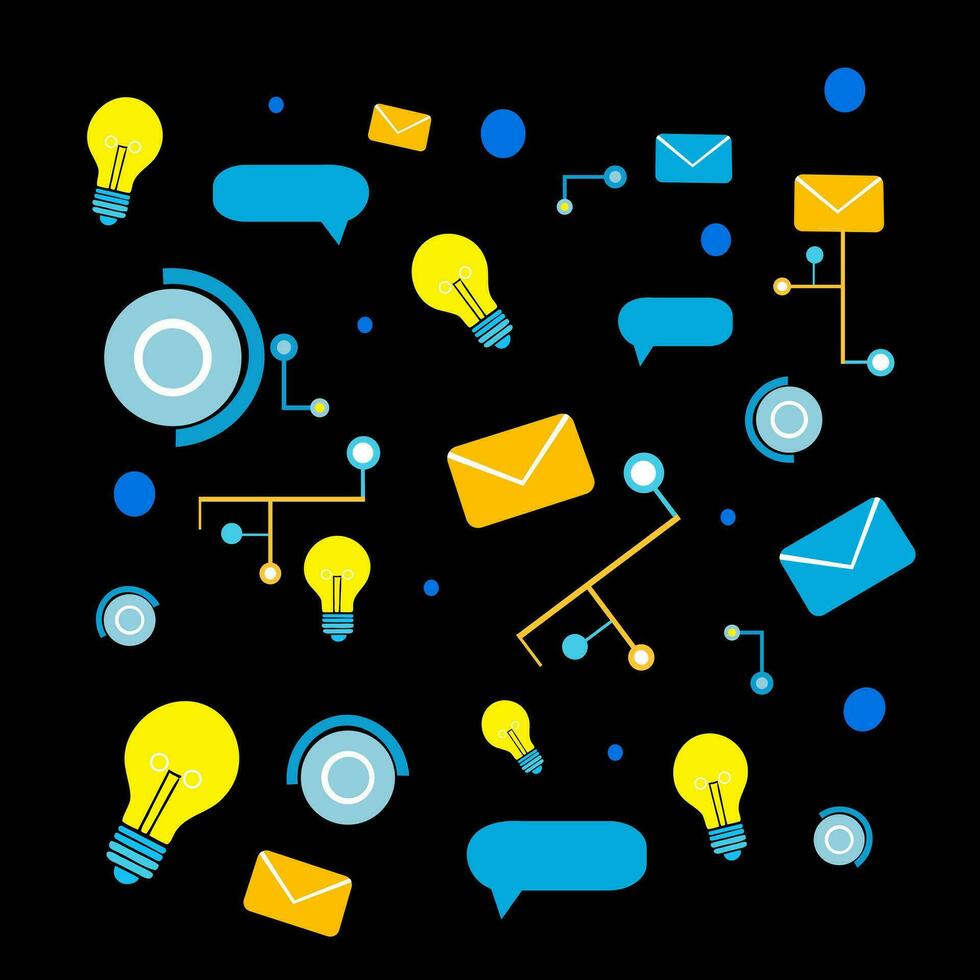 set of icons in the form of a lightbulb, a light bulb, an envelope, an arrow, an email, a speech bubble. Vector illustration