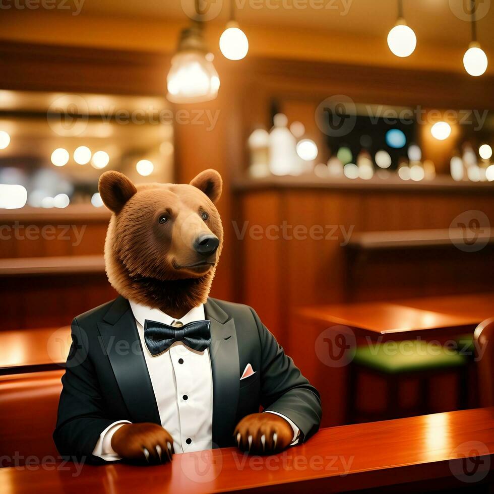 AI generated Bear dressed in a festive holiday suit , sitting at a table in a bar. Anthropomorphic animals. Generative AI. photo