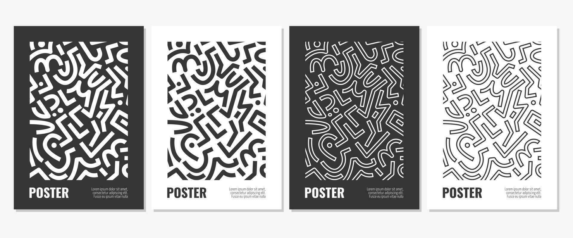 Set of abstract black and white geometric pattern posters, vector monochrome shapes, figures, lines, circles. Trendy minimalist set of artwork for banner, flyer, cover, presentation