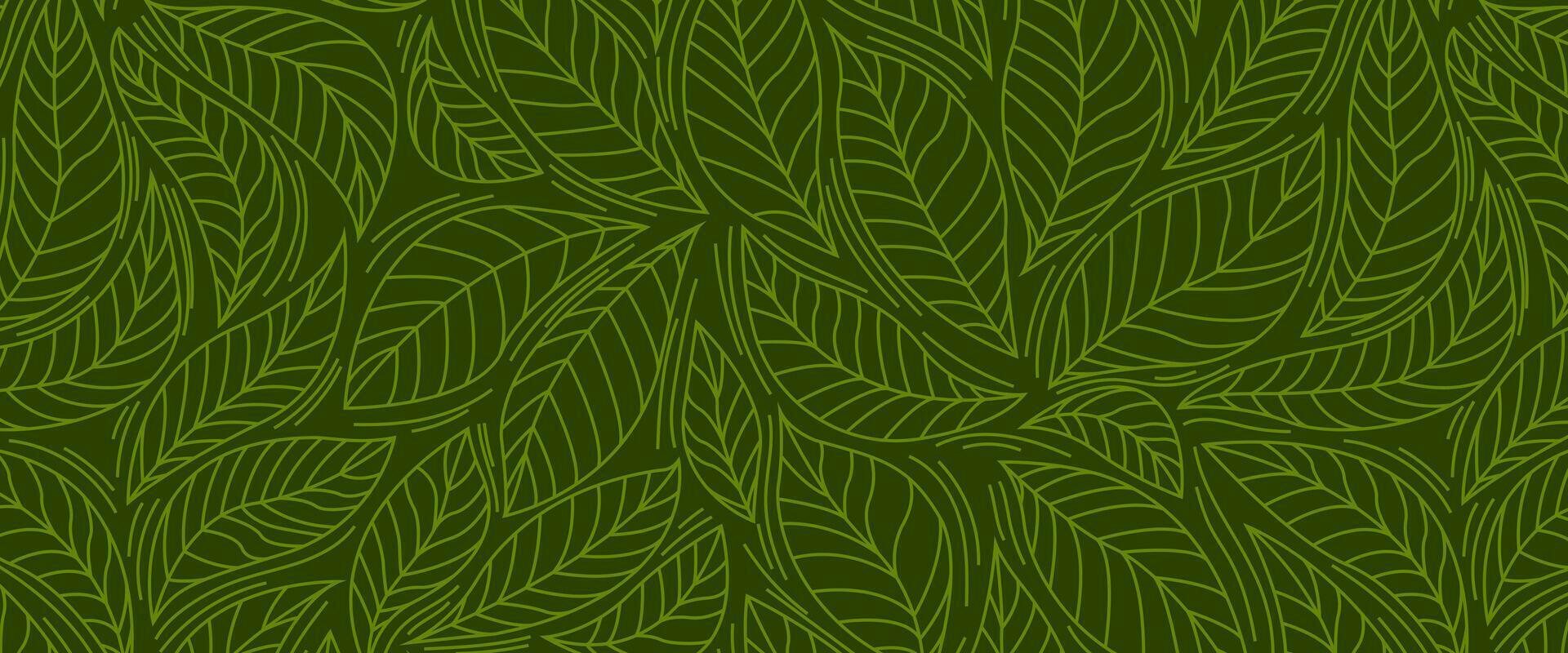 Leaves seamless pattern on green isolated background. Nature pattern design, hand drawn outline. Vector illustration for paper, cover, fabric, print, gift wrap