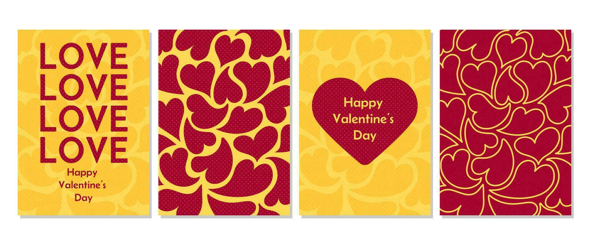 Set of Happy Valentines Day posters. Modern abstract vector cards with hearts background. A4 templates for banner, cover, greeting card, celebration, sales