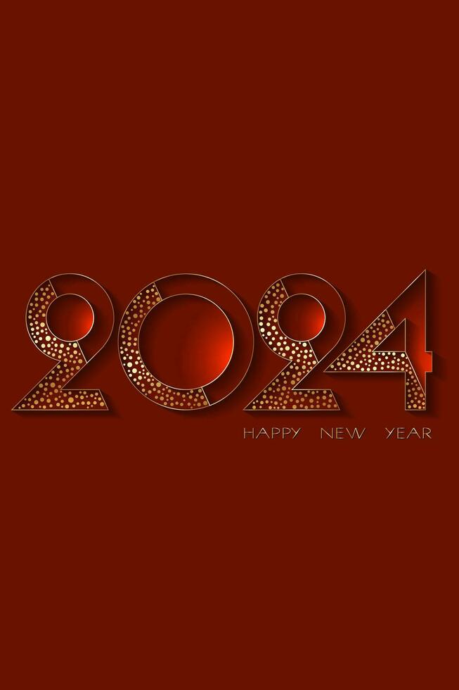 Happy New year 2024 gold foil modern numbers. Decorative greeting card in polka dots style. Luxury Creative Christmas banner, vector illustration isolated on red background